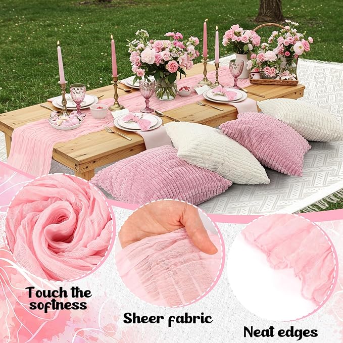 91 x 71 Extra Large Outdoor Boho Picnic Blanket with Pink Table Runner, 6 Throw Pillow Covers 6 Napkins Woven Cotton Yarn Oversize Beach Blanket Washable Picnic Camp Wedding