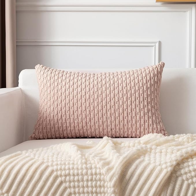 Kevin Textile Valentines Day 14x24 Inch Pillow Cover 1 Pack Boho Decorative Soft Striped Corduroy Lumbar Farmhouse Accent Rectangle Cushion Case for Living Room Couch Sofa Bed, Light Pink
