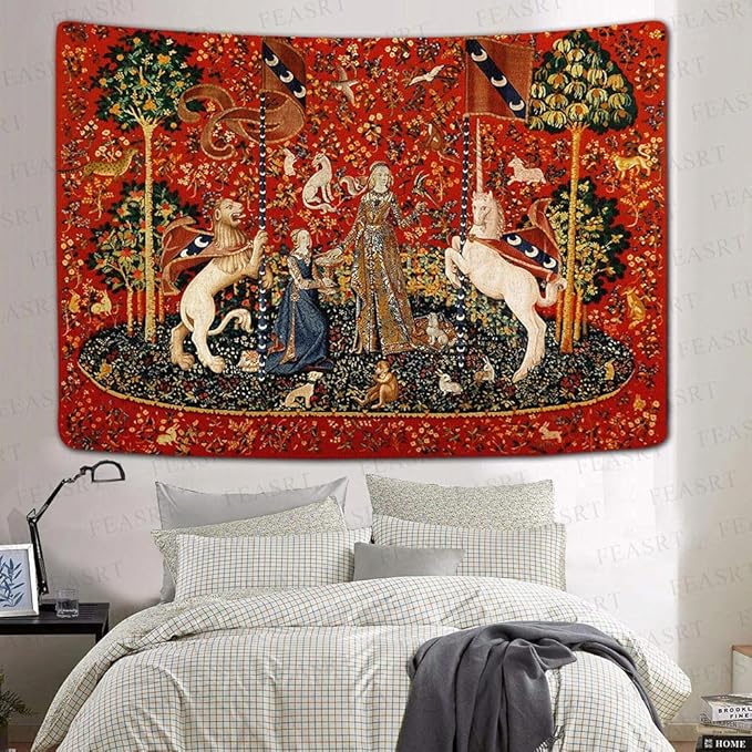 FEASRT European Royal Tapestry Medieval Princess Tapestry, 60x40 Inches Soft Flannelette, Lady and Unicorn for Living Room Bedroom Dorm Decor