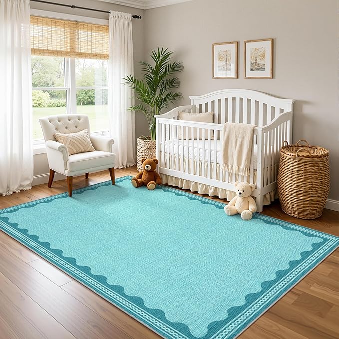 Scalloped Teal Washable Rugs 5x7 Rug for Living Room Solid Modern Minimalism Soft Low-Pile Carpet for Bedroom Dining Nursery Non Slip TPE Backing