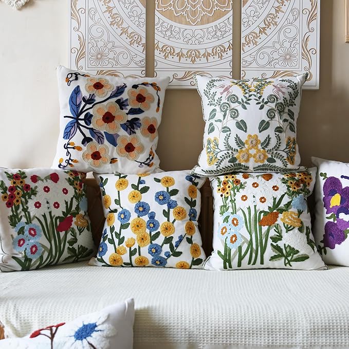 Butterfly Pillow Cover Boho Embroidered Pillow Covers for Couch Sofa Purple Butterfly Bohemian Pillow Covers Cotton Linen 2PCS Pillowcase Covers 18x18 Inch