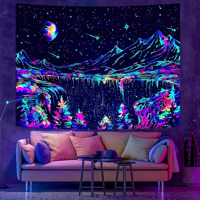 Zussun Blacklight Mountain Tapestry Starry Night Tapestries for Bedroom Aesthetic Moon and Stars Tapastry Wall Hanging Glow in The Dark Nature Forest Wall Tapestry for Living Room Dorm (80'' × 60'')