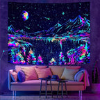 Zussun Blacklight Mountain Tapestry Starry Night Tapestries for Bedroom Aesthetic Moon and Stars Tapastry Wall Hanging Glow in The Dark Nature Forest Wall Tapestry for Living Room Dorm (80'' × 60'')