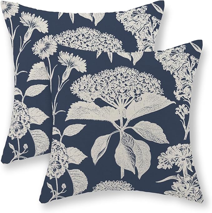Blue Pillow Covers 18x18 Set of 2 Boho White Floral Throw Pillows Hydrangea Herbs Botanical Decoration Pillowcase Linen Farmhouse Vintage Flower Cushion Case Outdoor Decorative for Couch Sofa