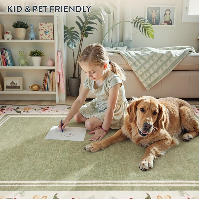 Lahome Floral 2'x 6' Washable Kitchen Runner Rug, Green Rug Runners for Hallways Non Slip, Scalloped Runner Rug Ultra-Thin Stain Resistant Boho Carpet for Entryway Bathroom Bedroom Ariele（Green，2x6ft）