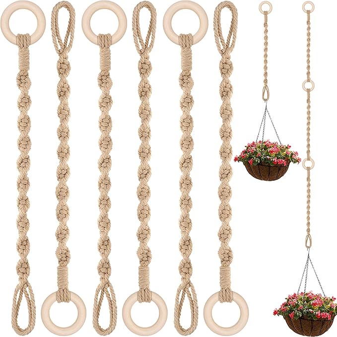 6 Pack Adjustable Macrame Plant Hanger Extender Handmade Woven Hanging Basket Extenders Connectable Rope Hanging Extension with Wooden Ring for Indoor Outdoor Plant Pot Holder(Brown)
