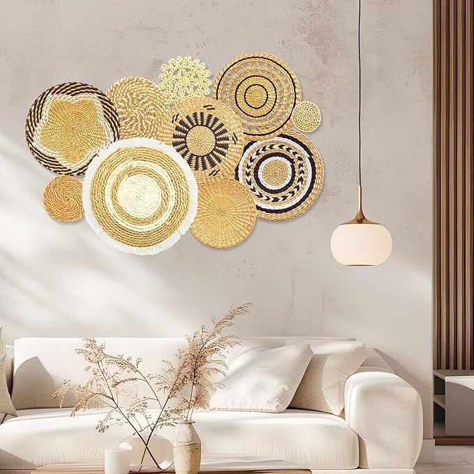 10 Pack Boho Wall Decor, 15 Inch Wall Basket Decor Round Handmade Hanging, Rattan Woven Wall Basket Decor for Living Room, Rustic Flat Elegant, Farmhouse, Bedrooms, Table Settings, Kitchen Home