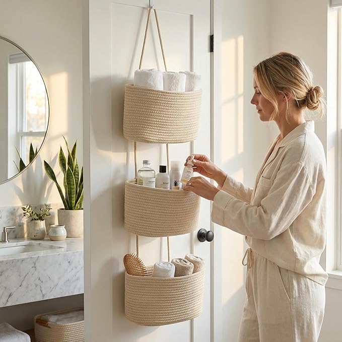 Over the Door Organizer, 3 Tier Hanging Wall Basket Storage for a Stylish and Clutter-free Space, Ideal for Boho Room Decor and Nursery Decor