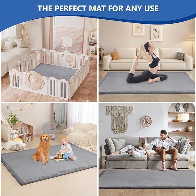 Baby Play Mat for Floor,1.3" Thick Memory foam Tummy Time Mat,Soft Coral Velvet Nursery Rug,Extra Large Non Slip Crawling Mats for Living Room(Dark Gray)
