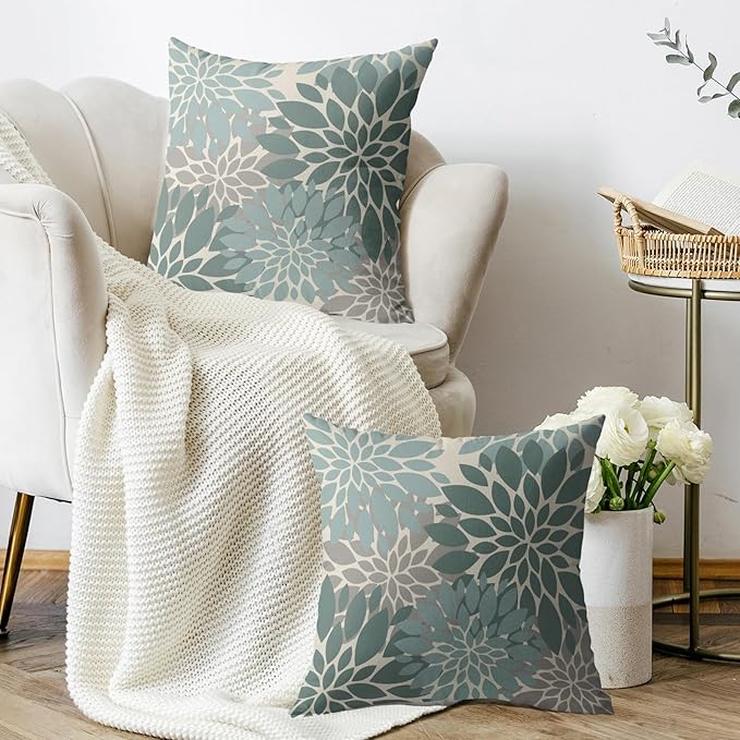Aqua Blue Pillow Covers 24X24 Inch Set of 2, Dahlia Flower Spring Summer Floral Cream Decorative Throw Pillow Covers Outdoor Modern Farmhouse Cushion Case for Home Couch Sofa Bed Decor
