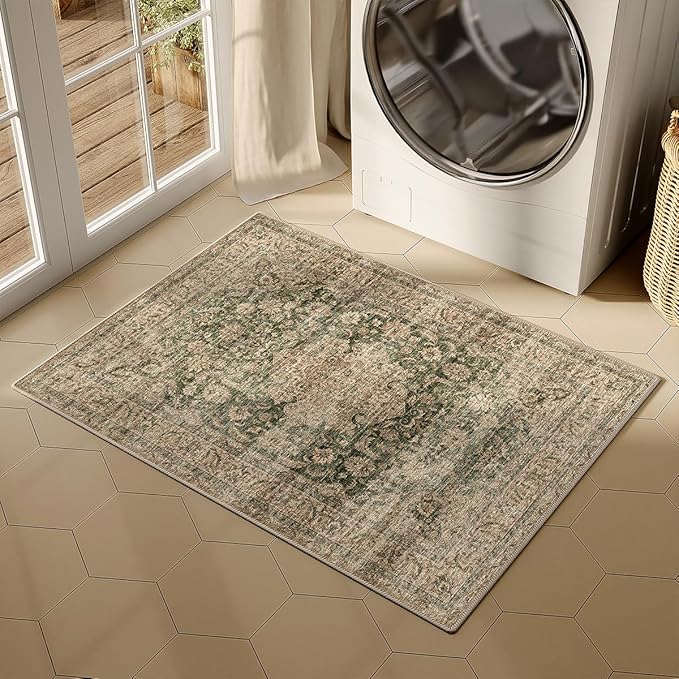 2x3 Washable Vintage Area Rug Green Brown Entryway Kitchen Carpet Non-Slip Soft Low Pile Distressed Indoor Small Throw Rug for Bedroom Bathroom Entrance