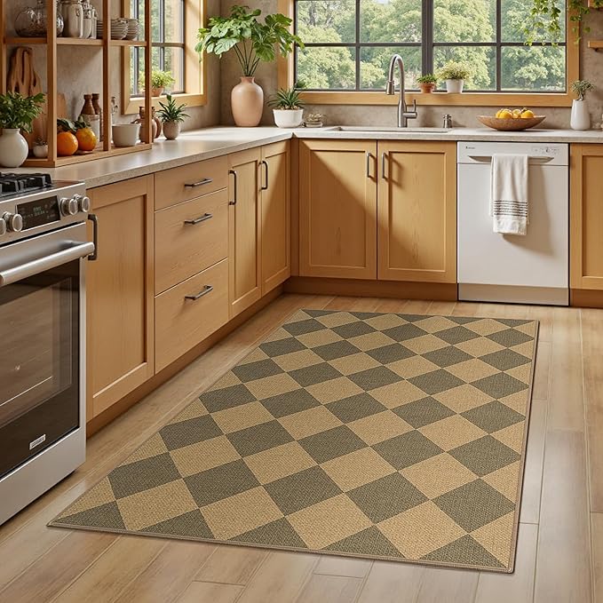 Lessymo Checkered Entryway Rug 3x5, Easy Jute Washable Area Rugs for Living Room Outdoor Patio, Non Slip Indoor Door Mat Farmhouse Neutral Carpet for Guestroom Foyer Backyard, Diamond Brown/Beige
