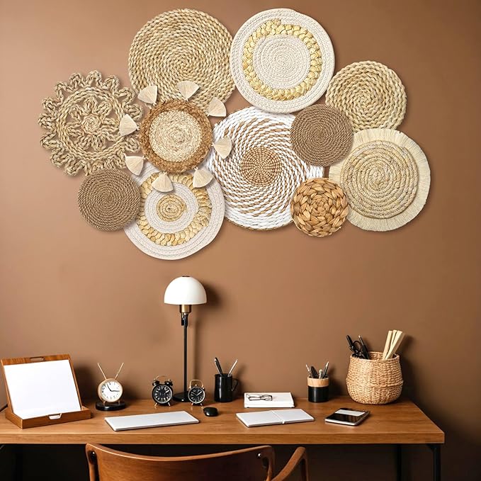 LOMOHOO Set of 11 Boho Wall Basket Decor Wicker Woven Wall Basket Decorations Bohemian Handcrafted Round Basket Hanging decor Bulrush Wall Art Decors for Living Room Rustic Home