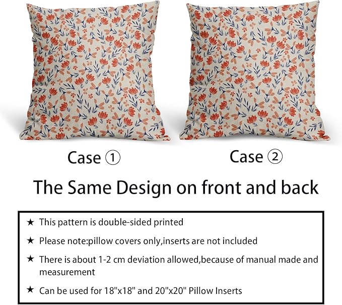 Blue Orange Pillow Covers 22x22 Set of 2 Vintage Floral Rustic Old Style Cute Flower Print Decorative Outdoor Pillowcases Seasonal Farmhouse Throw Cushion Case Decor for Couch Sofa Bed