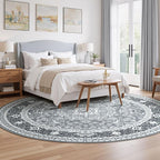 Lessymo Washable 8FT Round Area Rugs for Living Room, Non Slip Circle Rugs Low Pile Vintage Carpet for Bedroom, Dining Room, Nursery, Home Office, Grey White