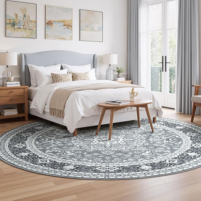 Lessymo Washable 8FT Round Area Rugs for Living Room, Non Slip Circle Rugs Low Pile Vintage Carpet for Bedroom, Dining Room, Nursery, Home Office, Grey White