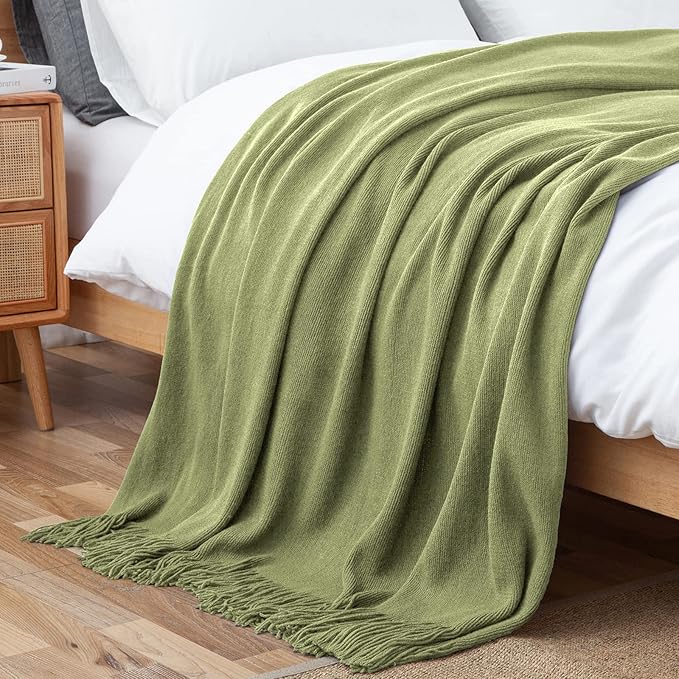 Vonty Olive Green Knitted Blanket with Tassels Fringe 50" x 60", Super Soft Knit Throw Blanket, Farmhouse Decorative Lightweight Blanket for Couch, Sofa, Bed