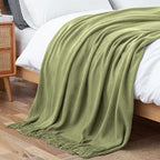 Vonty Olive Green Knitted Blanket with Tassels Fringe 50" x 60", Super Soft Knit Throw Blanket, Farmhouse Decorative Lightweight Blanket for Couch, Sofa, Bed