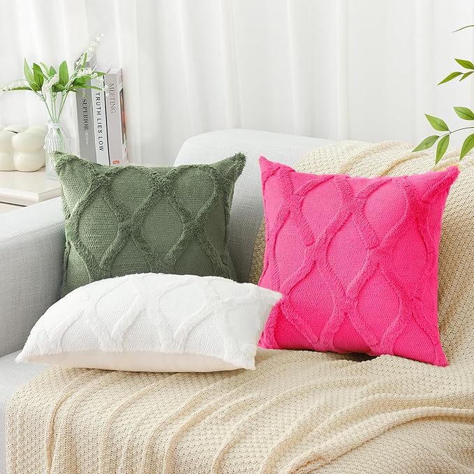 decorUhome Spring Throw Pillow Covers 16x16 Inch Set of 2, Soft Plush Faux Fur Wool Olive Green Accent Couch Pillow Covers for Modern Farmhouse Bed Sofa Living Room