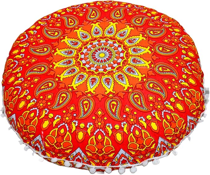 CRAFT KALA 22" Mandala Meditation Floor Pillows Cover Pouf Cover Round Seating Bohemian Mandala Cotton Floor Cushion Cover Outdoor Fireplace Seating Living Room Yoga Room Home Décor (Orange Flower)