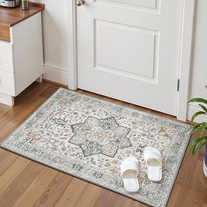 Lessymo Washable 2×3 Small Area Rugs for Entryway Bathroom, Soft Kitchen Rug Non-Slip Carpet Indoor Door Mat for Floor, Vintage Boho Low Pile Rugs for Entry Bedroom Nursery Home, Grey/Brown