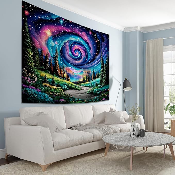 Apdidl Space Galaxy Forest Tapestry for Bedroom, Green Nature Landscape Colorful Night Starry Sky Stars Wall Tapestry, Mysterious Nebula Mountain Wall Hanging Backdrop Decor for Living Room 60" X 79"