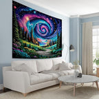 Apdidl Space Galaxy Forest Tapestry for Bedroom, Green Nature Landscape Colorful Night Starry Sky Stars Wall Tapestry, Mysterious Nebula Mountain Wall Hanging Backdrop Decor for Living Room 60" X 79"