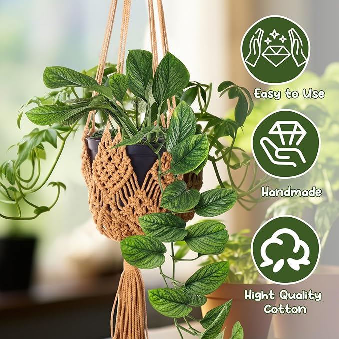 4 Packs Macrame Plant Hangers with Tassels Boho Crochet Hanging Plant Basketball for Indoor Outdoor Plant Hanger with 4 S Shaped Hooks for Home Decor Window Flower Pot(Brown)