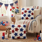 AVOIN colorlife 4th of July Patriotic Red Blue Stars Embroidered Throw Pillow Covers, 18 x 18 Inch Independence Day Decor Tufted Patterned Linen Cushion Case for Sofa Couch Set of 2