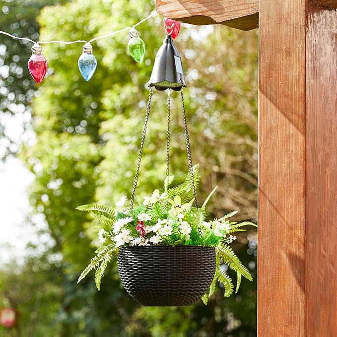 Glitzhome 30" H Plastic Hanging Planter with Solar Lights, Black Plant Basket Hanger with Chain for Outdoor Indoor Plants