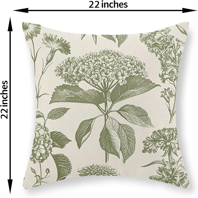 Sage Green Pillow Covers 22x22 Set of 2 Boho Floral Hydrangea Herbs Botanical Throw Pillow Cover Outdoor Decoration Pillow Cases Vintage Flower Linen Cushion Case Decorative for Couch Sofa