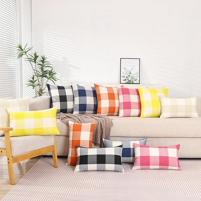 CARRIE HOME Burnt Orange Plaid Fall Lumbar Pillow Covers 12x20 Set of 2 Farmhouse Buffalo Plaid Halloween Lumbar Pillows 12 x 20 Outdoor Farmhouse Decor for Couch Sofa and Patio