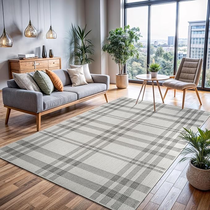CAMILSON Easy Jute Rug 5x7, Indoor Outdoor Off-White Color Fiber Area Rugs for Living Room Patio and Kitchen Rug Checkred Boho Woven Design, Easy-Cleaning, Washable Outside Carpet (5 x 7)