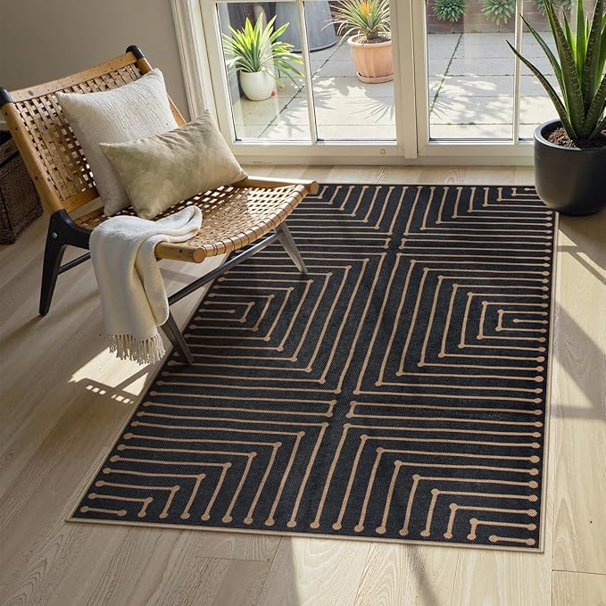 Lahome Neutral Geometric 3x5 Easy Jute Rug, Washable Rugs for Bedroom Entryway Outdoor Patio Porch Carpet, Farmhouse Rhombus Non Slip Non Shedding Black Carpet for Kitchen Entrance Balcony