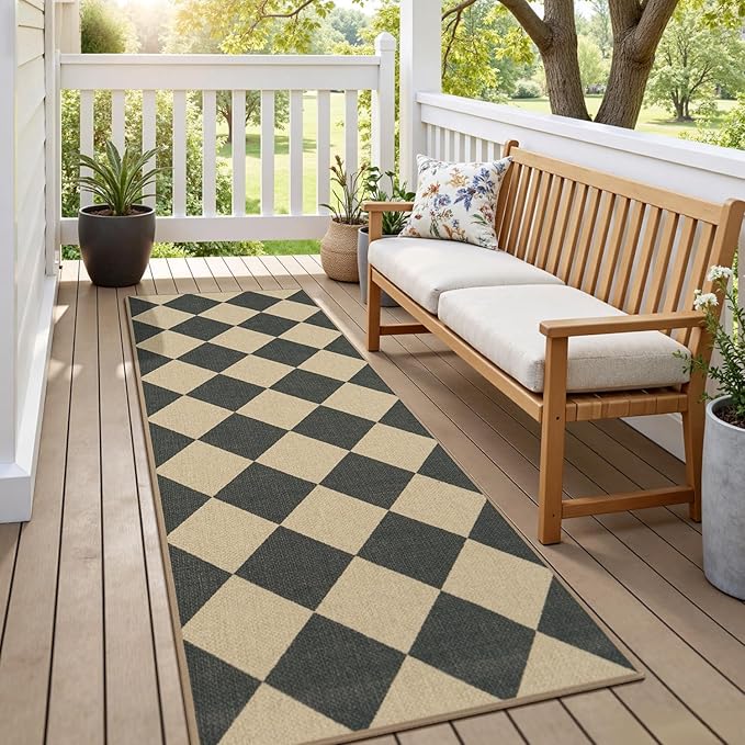 Lessymo Kitchen Runner Rug 2x6, Checkered Jute Rug Washable Non Slip for Entryway Hallway, Farmhouse Diamond Bedside Rugs Indoor Outdoor Carpets for Patio Porch, Black/Beige