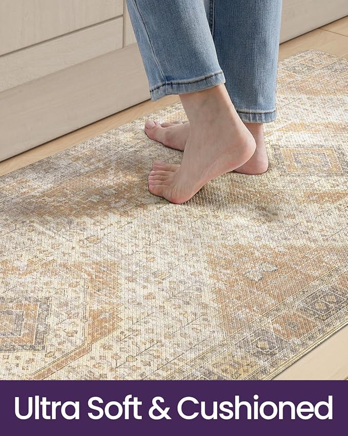DEXI Kitchen Floor Mats Anti Fatigue, 23x86 Large Long Cushioned Vintage Runner Rug Waterproof, Standing Comfort Memory Foam Padded for Front Sink Laundry Office, Beige and Light Orange