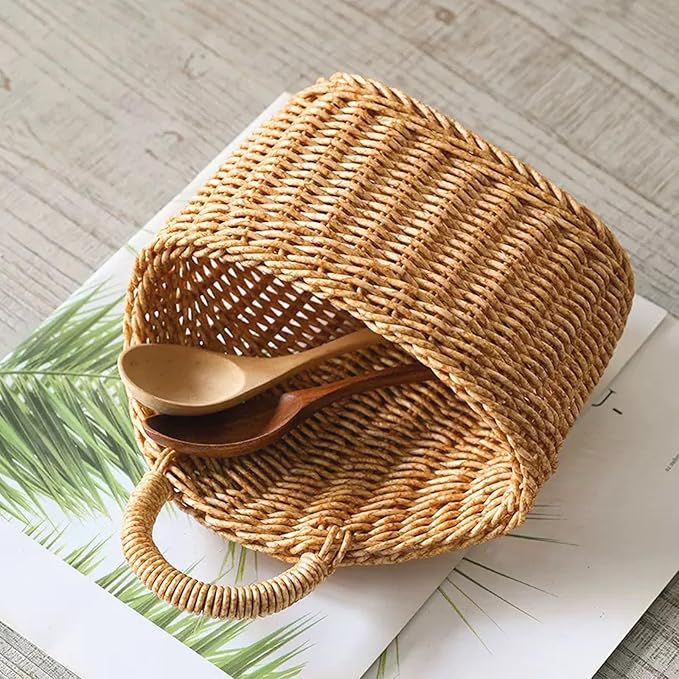 Hanging Basket Plastic Woven Wall Basket, Decorative Front Door Baskets for Flowers Plants, Small Wicker Basket for Organizing