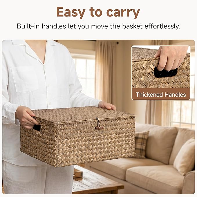 StorageWorks Extra Large Wicker Baskets, Seagrass Storage Baskets for Shelves, Decorative Box with Built-in Handles,Brown