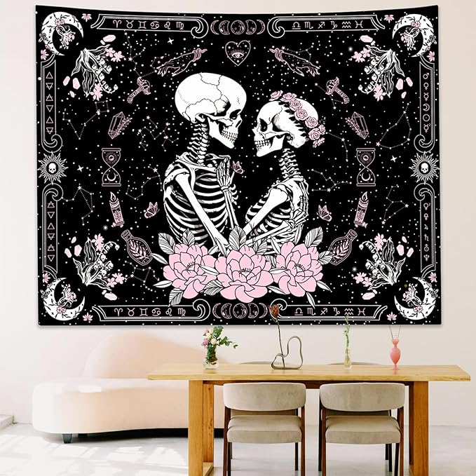 KJHL Black and Pink Gothic Witchy Skull Tapestry 44ʺ x 60ʺ Floral Constellation Skeleton Aesthetic Tapestries Wall Hanging for Bedroom Dorm