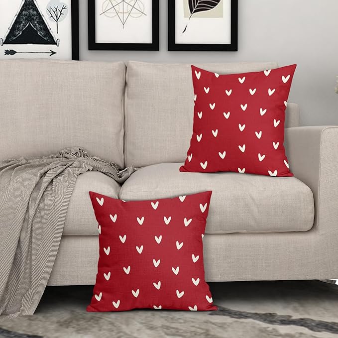 Kawani Valentines Day Pillow Covers 20X20 Inch Red White Hearts Valentine Decorative Square Pillow Cases Set of 2 Valentine's Day Wedding Anniversary Throw Pillows Home Decor for Sofa Bedroom Couch