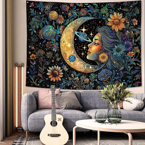 Accnicc Sun and Moon Tapestry for Bedroom Hippie Boho Floral Flower Plant Wall Tapestry Aesthetic Vintage Galaxy Celestial Star Spiritual Large Tapestries Wall Hanging for Living Room Dorm 48 x 36 Inch