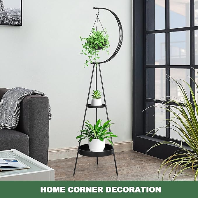 Airogym Plant Stand, Metal Plant Holder Indoor Outdoor, Modern Iron Flower Pots Rack, Multifunctional Planter Display Shelf with Hanging Planters for Garden Patio Room, Corner Balcony Decor (Black -2 Tier)