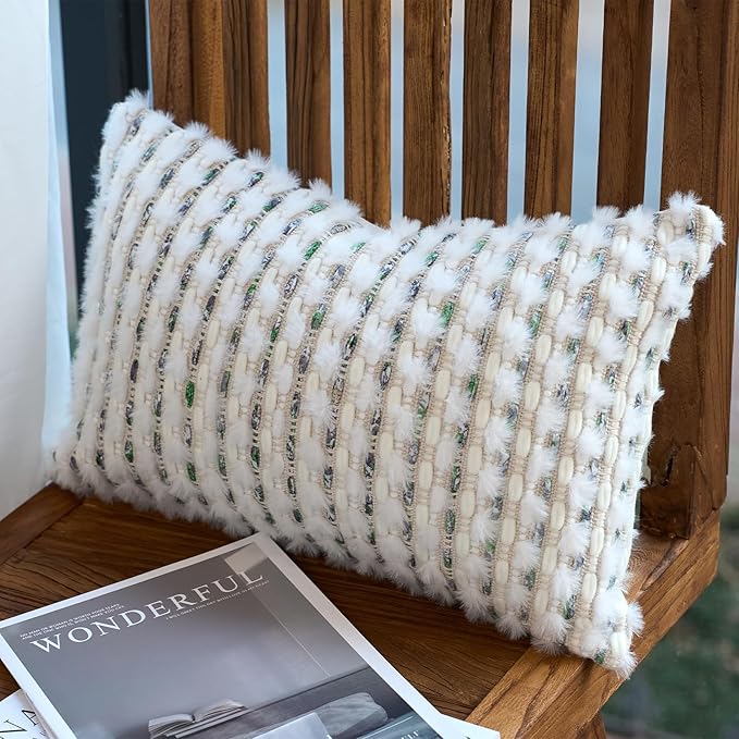 Aeckself Handmade Boho Chenille Tufted Pillow Cover 12x20 Inch, Rectangle Decorative Lumbar Throw Pillow Cover Neutral Pillowcase for Couch Bedroom Living Room, Green White