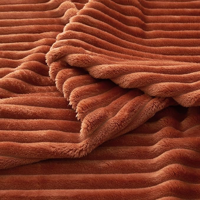 MIULEE Rust Fleece Throw Blanket for Couch 300GSM Super Soft Lightweight Plush Striped, Warm Cozy Breathable Ribbed Flannel Blankets for Bed/Sofa, Twin Size 60"x80"