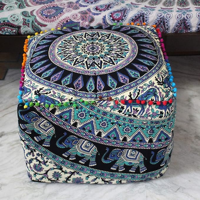 CRAFT KALA Indian Square Patchwork Traditional Pouf Cover Indian Living Room Poufs Cover Decorative Designer Ottoman Home Living Footstool Chair Ottoman Decor 16X16X14 inch, Green Deer Elephant