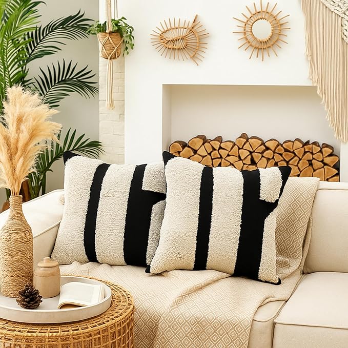 Oudain 2 Pcs Black and White Tufted Pillow Covers Boho Chunky Geometric Decorative Throw Pillow Case 18 x 18 Inches Abstract Pillowcases for Bed Couch(Black and White, Elegant Style)