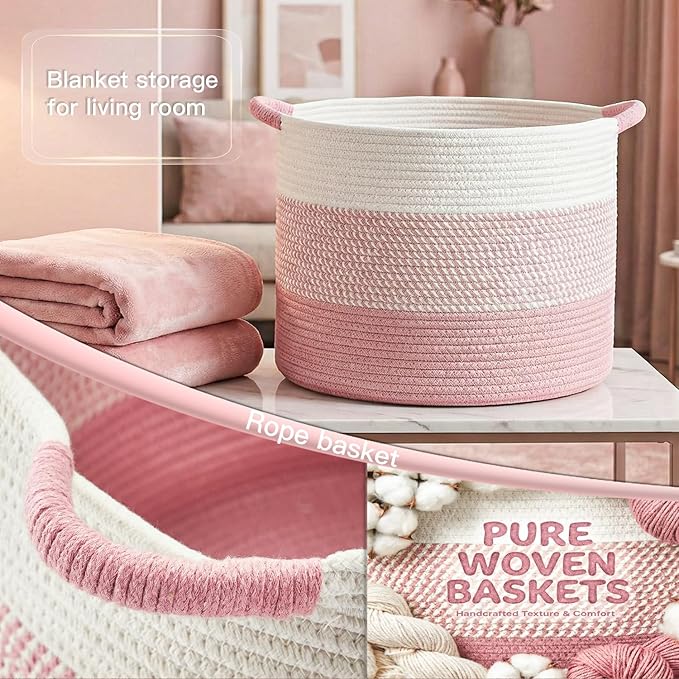 100L Large Cotton Rope Basket, Decorative Woven Blanket Storage for Living Room, Boho Toy Storage & Toy Box for Kids, Versatile Laundry Basket & Nursery Hamper for Blankets(Pink)