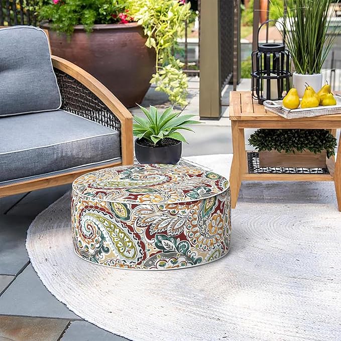Indoor/Outdoor Inflatable Ottoman with Handle, Decorative Fade-Resistant Round Footstool D21 x H9 inch, Portable Ottoman Pouf for Patio Garden Camping, Paisley Chilli