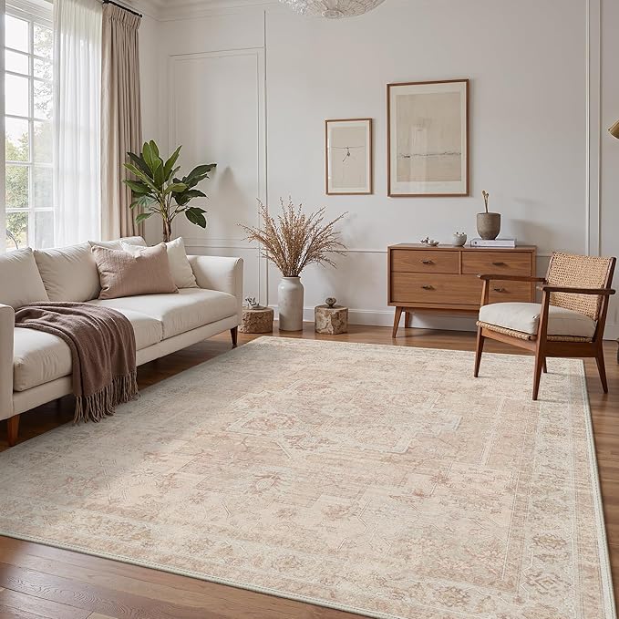 GENIMO 5x7 Area Rugs for Living Room, Machine Washable Rug, Non Slip Indoor Vintage Rug, Low Pile Lightweight Chenille Print Carpet for Bedroom Dining Room Home Office, Light Pink