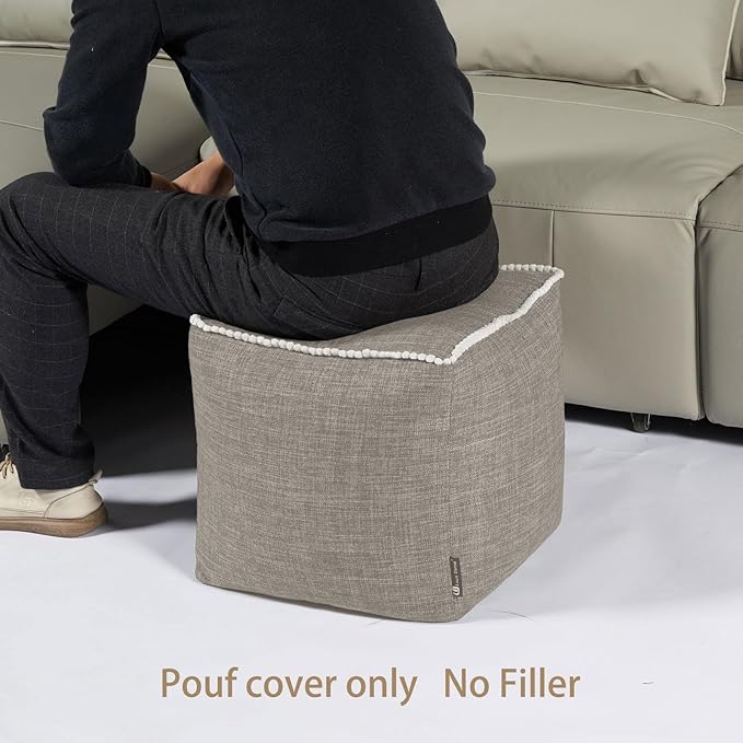 Louis Donné Unstuffed Storage Pouf Ottoman Cover 45x45 Cotton Linen DIY Decorative Footrest for Living Room Bedroom Home Office Replacement (Only Cover)